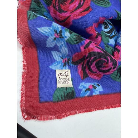 Vintage Glentex Scarf Floral Roses Acrylic Japan Handkerchief Hankie Fring Retro - Picture 3 of 8